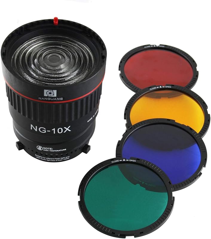 EXMAX NG-10X Fresnel Lens Focusing Adapter Fresnel Spot S-Mount Adapter Attachment 10-40° 5X Brighter Focus Lens Adjust for godox sl-60w Bowens Mount Studio Light Flash LED Light 4 Color Gel Filters