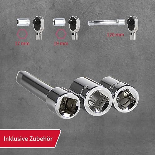 UNITEC Drehmomentschlüssel, Einstellbar von 40 bis 210 Nm, Antrieb 1/2\ Vierkant, mit Stecknüssen 17/19 mm und Verlängerung, Silber