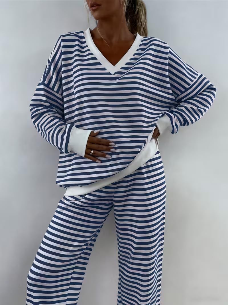 Melliflo Women 2 Piece Outfits Lounge Sets Striped Print Long Sleeve V Neck Sweatshirt and Shorts Set Sweatsuit - Image 3