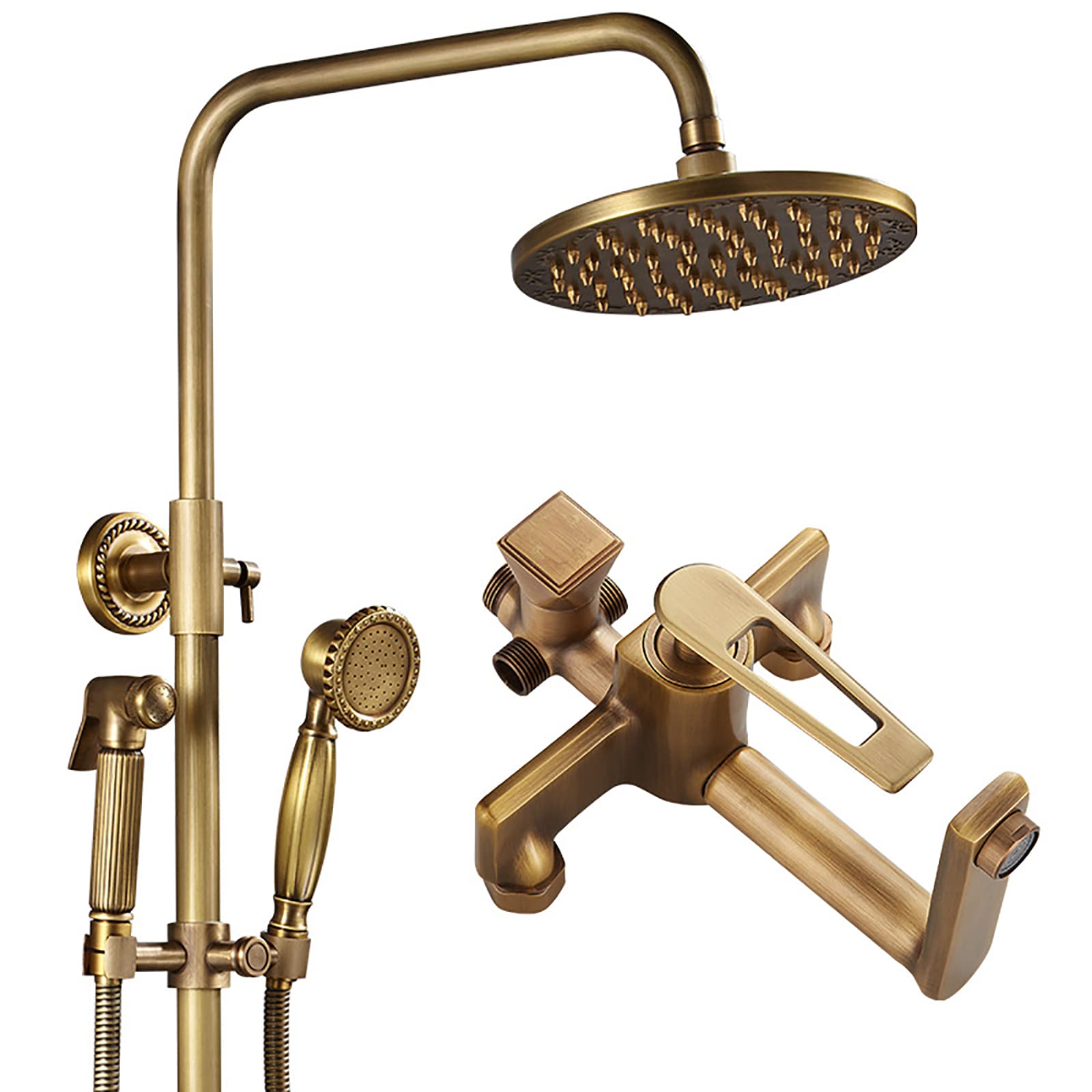 WOTZOV Shower System With 8 Inch Head, Antique Combo Set Wall Mount Faucet Single Handle Rain Mixer With Handheld, Bidet Sprayer, Tub Spout