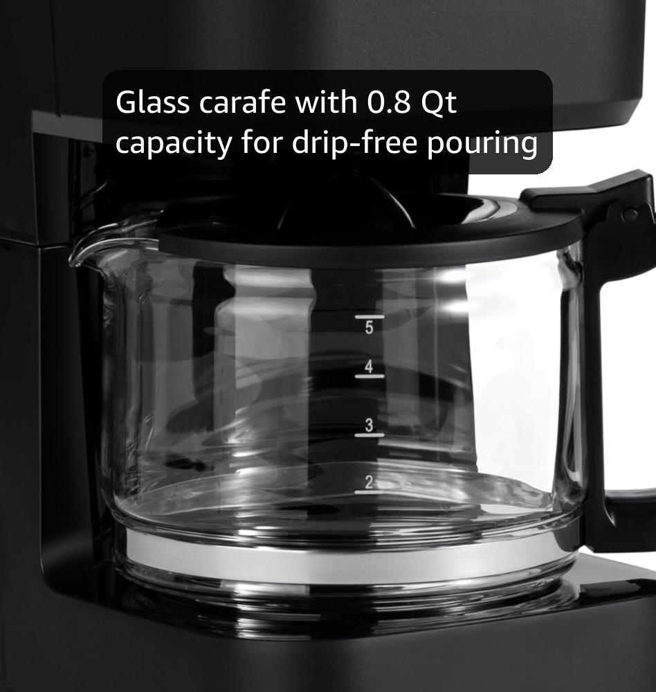 Amazon.com: Amazon Basics 5 Cup Drip Coffee Maker with Glass Coffee Pot  (0.8 Qt), Auto Shut-off, Auto Pause, Removable Filter Basket, Matte Black:  Home & Kitchen