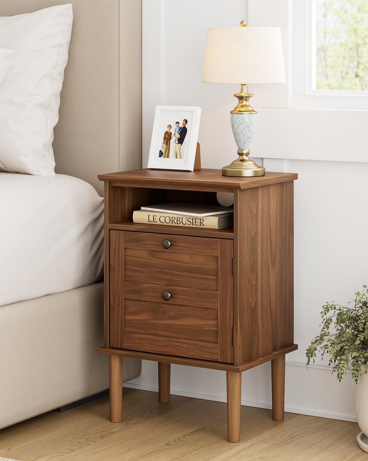Night Stand Farmhouse Nightstand Boho Bedside Table Modern Nightstand with 1 Drawer and 1 Open Storage Space, End Table, Storage Canbinet for Bedroom, Walnut