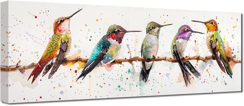 PBXBJY Large Watercolor Bird Wall Art Hummingbird Canvas Prints Modern Animal Painting 5 Hummingbirds on Branch Poster Pictures for Bathroom Living Room 8.00" x 24.00"