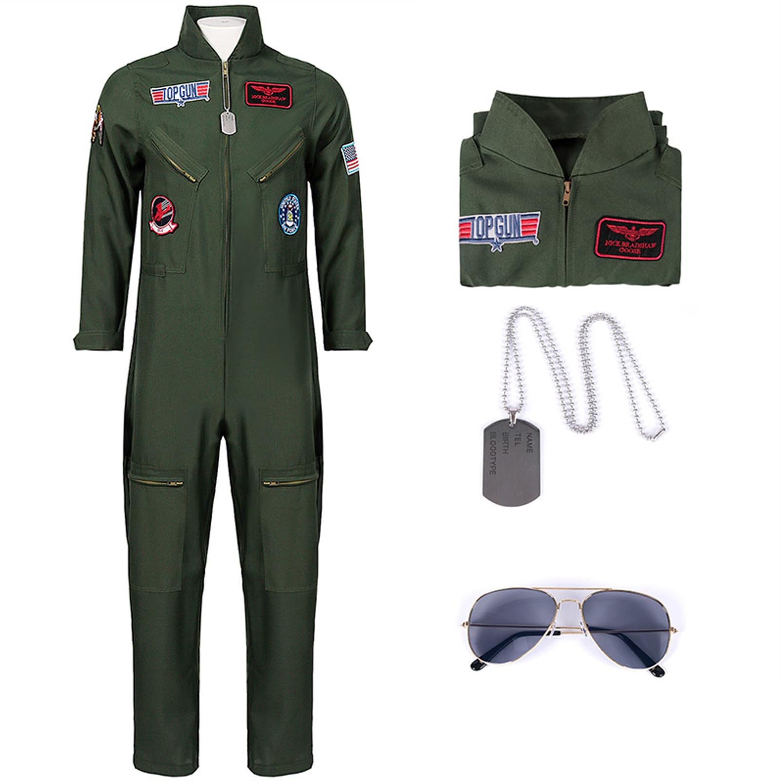 Fiamll Men's Pilot Costume Aviator Fancy Dress Costumes T.G Cosplay Halloween Party Carnival Clothing for Jumpsuit, Name Plate and Sunglasses