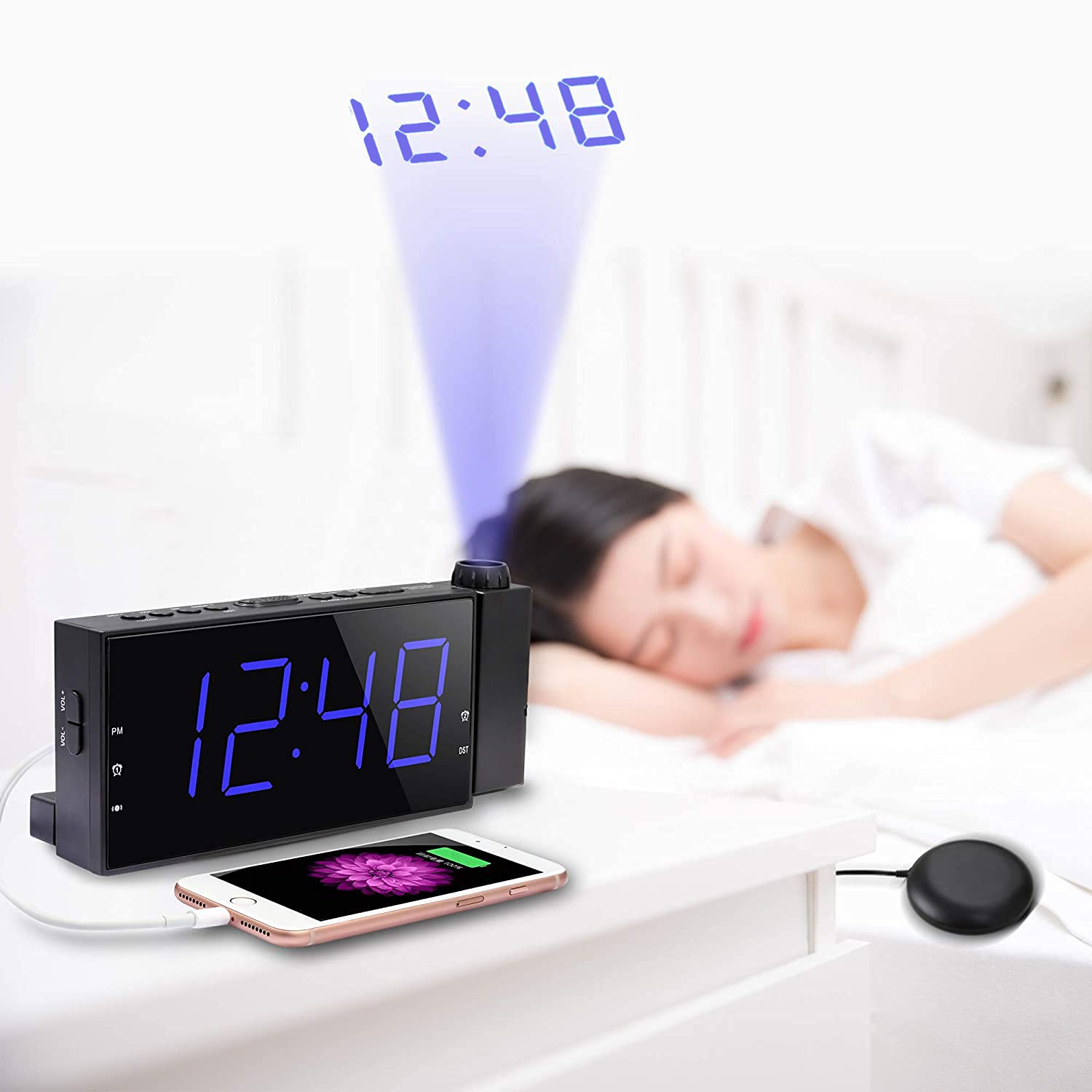 Réveil Sourd Avec Vibrant Et Projection Plafond 180° - Réveil Fort Pour Gros Dormeurs Avec Secoueur De Lit