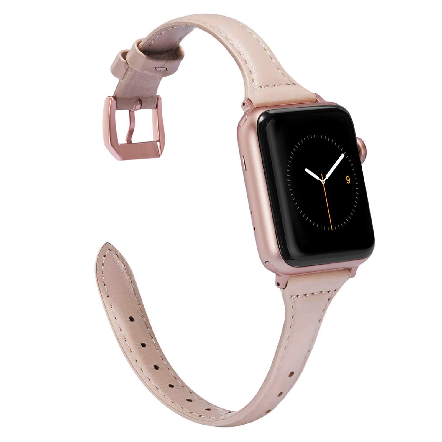 Wearlizer Womens Slim Light Pink Leather Compatible with Apple Watch Band 38mm 40mm 41mm for iWatch SE Sports Thin Strap Replacement Cute Wristband with Rose Gold Metal Buckle Series 7 6 5 4 3 2 1