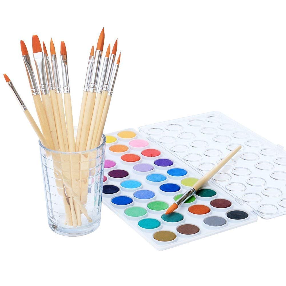 Jxunter Watercolor Cake Set, 36 Watercolor Paint Set and 12 Paint Brushes. This Watercolors Set are Great for Children/Kids and Beginner Artists. The Perfect Brushes and Water Color pan Set.