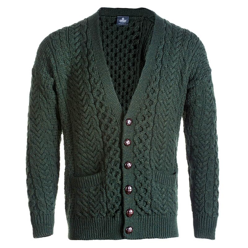 Pull Aran Veste en Laine Mérinos Cardigan Irlandais Tricot Homme