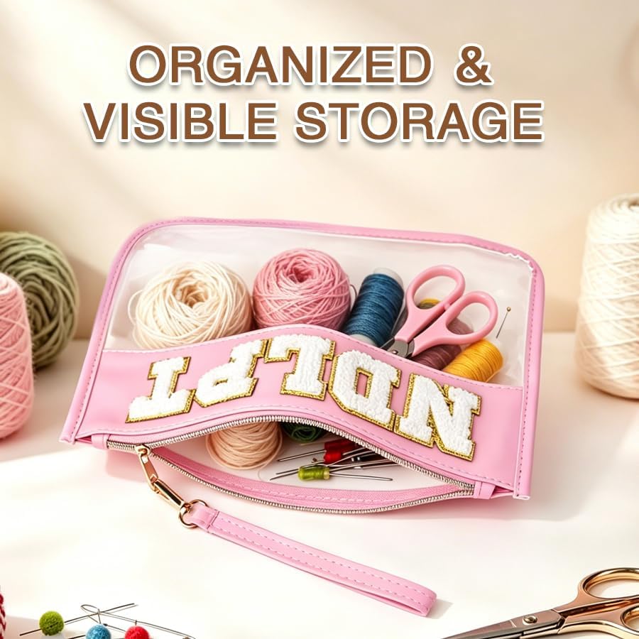 Needlepoint Project Bag NDLPT Clear Zip Pouch Bag, Premium Craft Storage Case, Sewing Organizers and Storage Sewing Gifts for Stitching Enthusiasts(Pink)