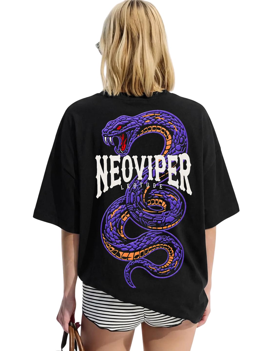 leotude Men's Oversized Graphic T-Shirt | 100% Cotton Premium Puff Print Snake Printed Tee | Oversized Drop Shoulder Round Neck Half Sleeve Casual Streetwear Cotton T-Shirt (Color : Black)-picture-28
