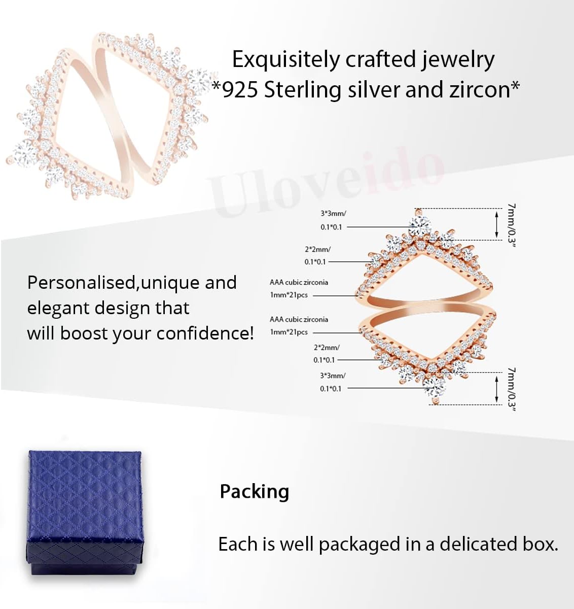 Uloveido 925 Sterling Silver Round CZ Crown Wedding Engagement Ring Guard Enhancer 2pcs V-shape Stack Rings Set Y1027 - Image 6