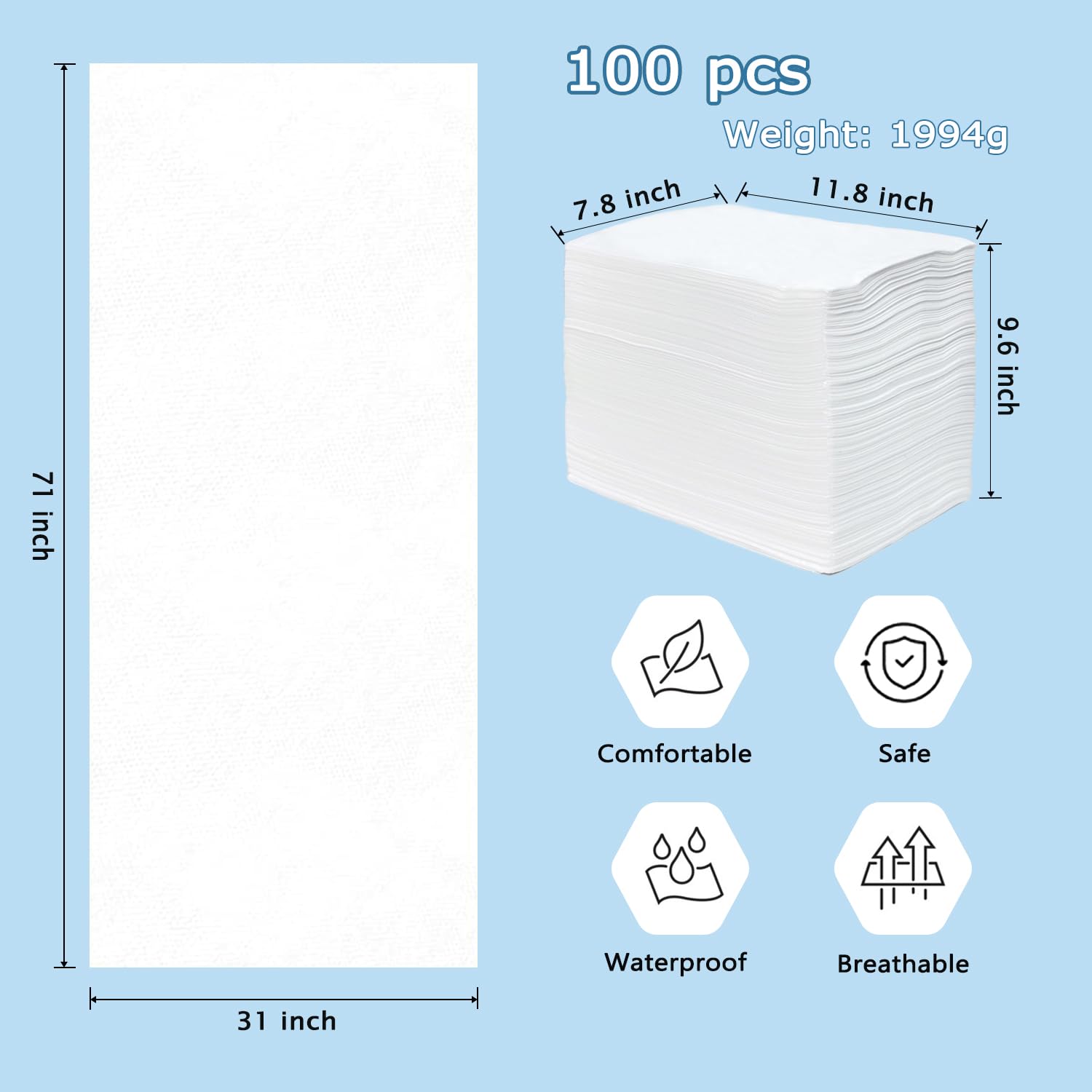 100 sábanas desechables para mesa de masaje de 31 x 71 pulgadas, sábanas desechables de tela no tejida, cubierta de cama de spa, transpirable, resistente al aceite, para viajes, spa, tatuaje, hotel,