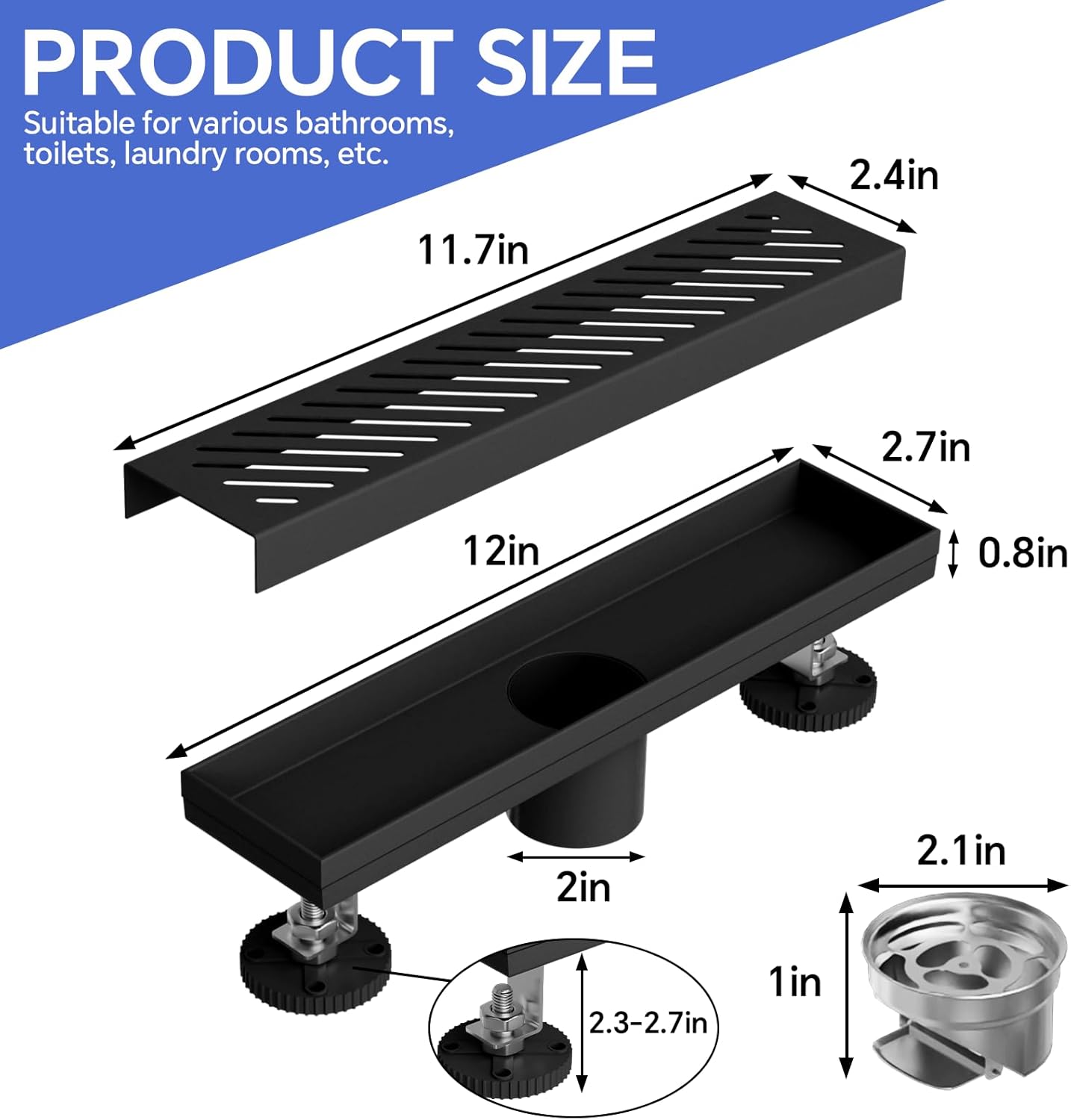 12inch linear shower drain, matte black 304 stainless steel linear drain with hair strainer & leveling feet, rectangle floor drain for bathroom & kitchen, easy to install and clean 12'' black