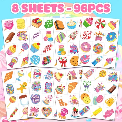 Image of 96 PCS Pre-Cut Candy Temporary Tattoos for Kids Birthday Party Favors | Super Cute Candy Lollipop Themed Supplies Decorations Fake Tattoo Stickers, School Rewards Prizes & Gifts Boys & Girls
