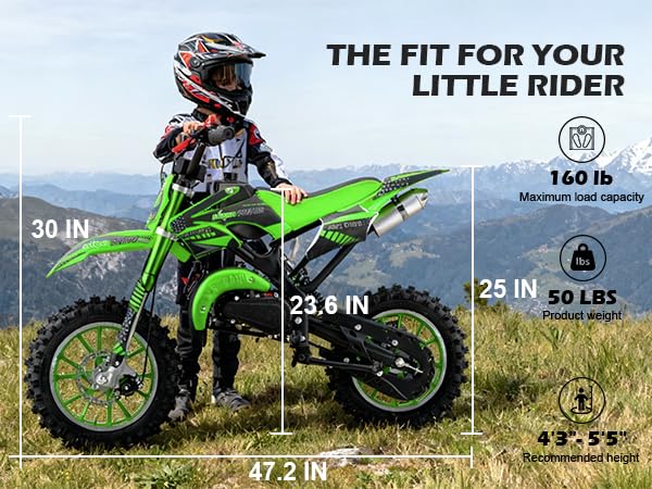 Image of 50cc Dirt Bike, 2 Stroke Gas Mini Bike for Kids 8-14 with Front Rear Disc Brakes, 10 Inch Off-Road Tires, Shock Absorption, Seat Height 23.6in, Max Speed 40mph, 2026 Upgraded, Green