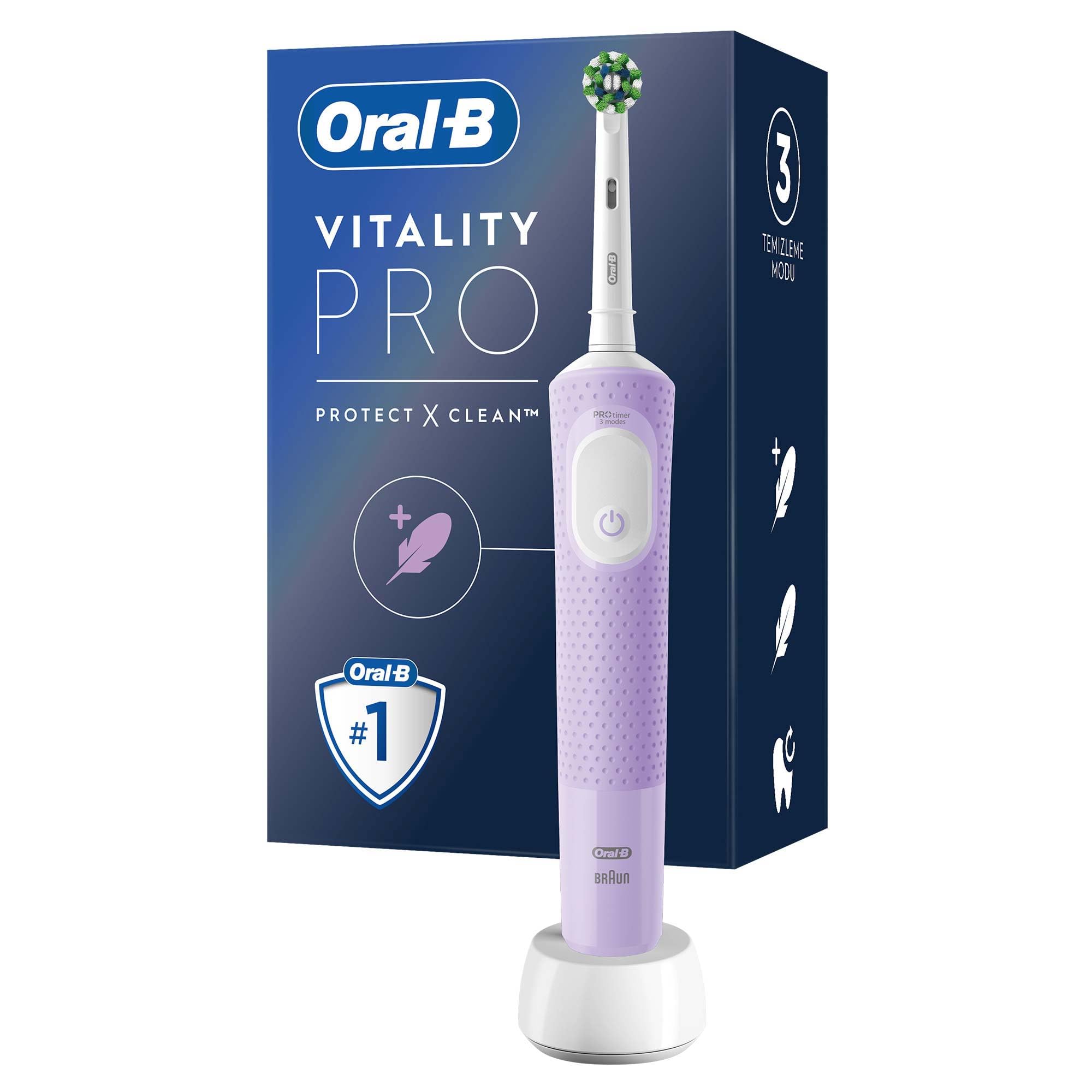 Oral-B Şarjlı/Elektrikli Diş Fırçası Vitality Pro Lila Koruma ve Temizlik + Oral-B 3D White X-Filament Şarjlı Diş Fırçası Yedek Başlığı 4 Adet
