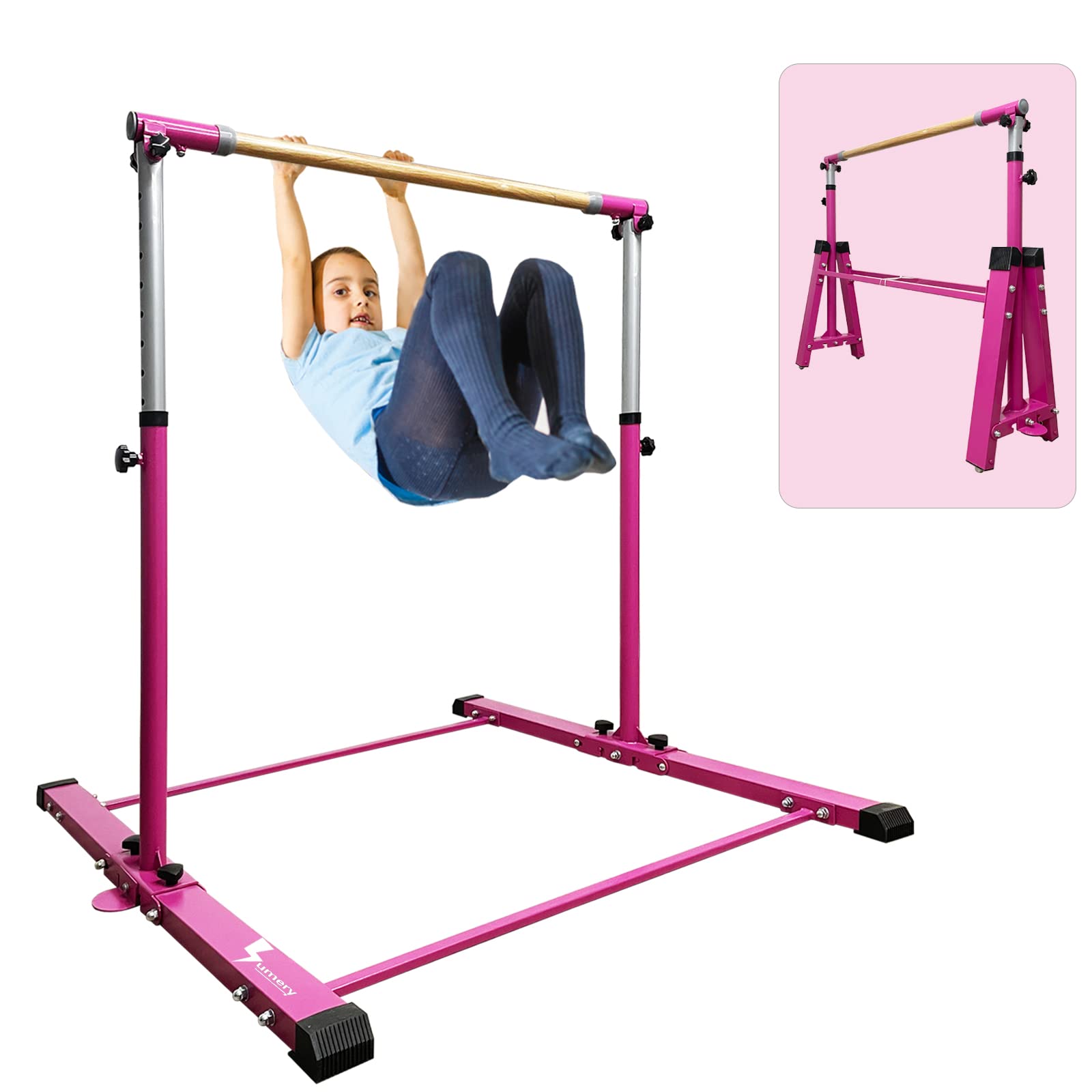 Sumery Foldable&Movable Gymnastic Kip Bar,Horizontal Bar for Kids Girls Junior,3' to 5' Adjustable Height,Home Gym Equipment,Ideal for Indoor and Home Training,1-4 Levels,300lbs Weight Capacity(Pink)