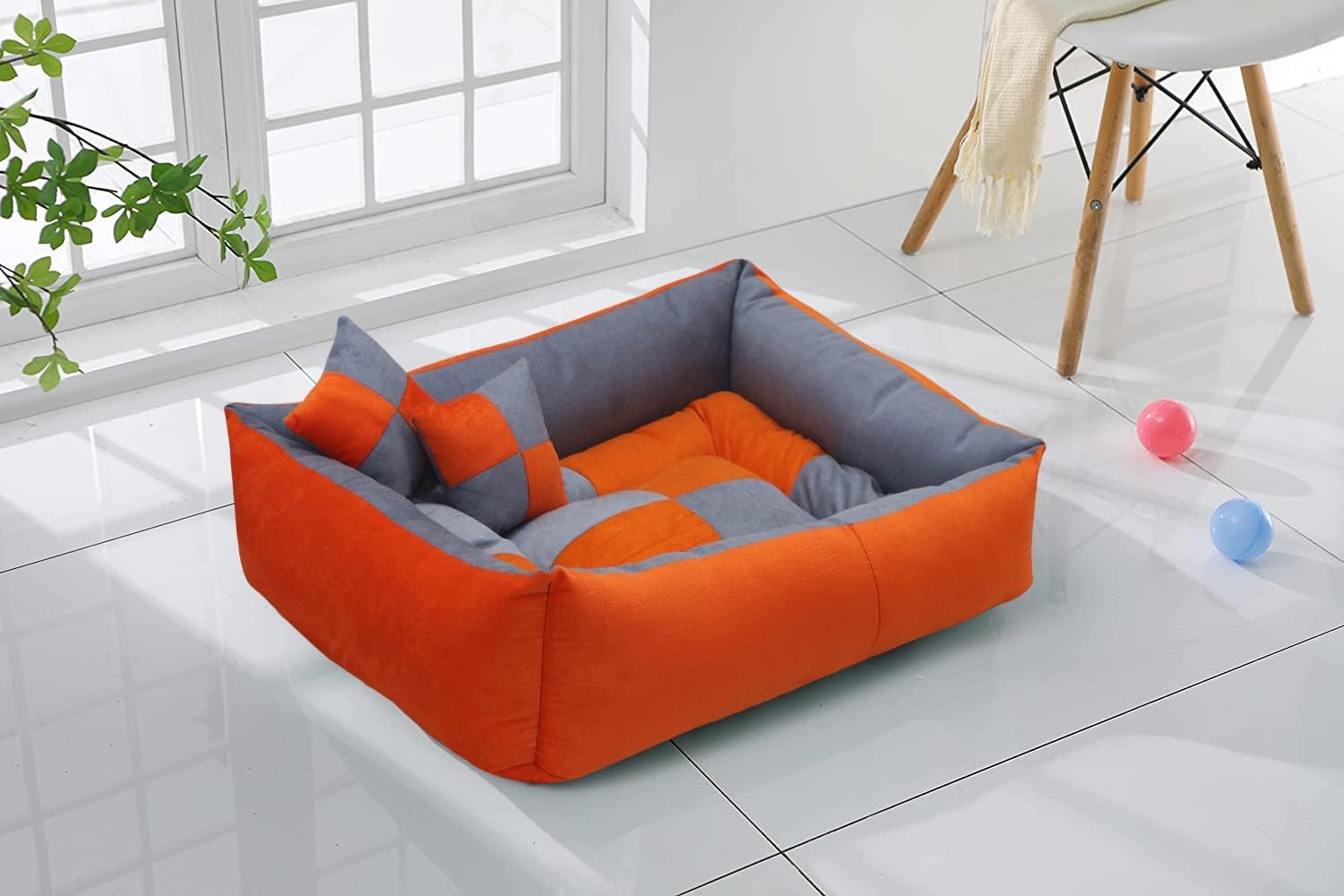 Soft Washable Reversible Dog Bed – Medium Size – Cushion Pillow for Dogs, Cats, Puppies, Rabbits – (Orange Black, M)