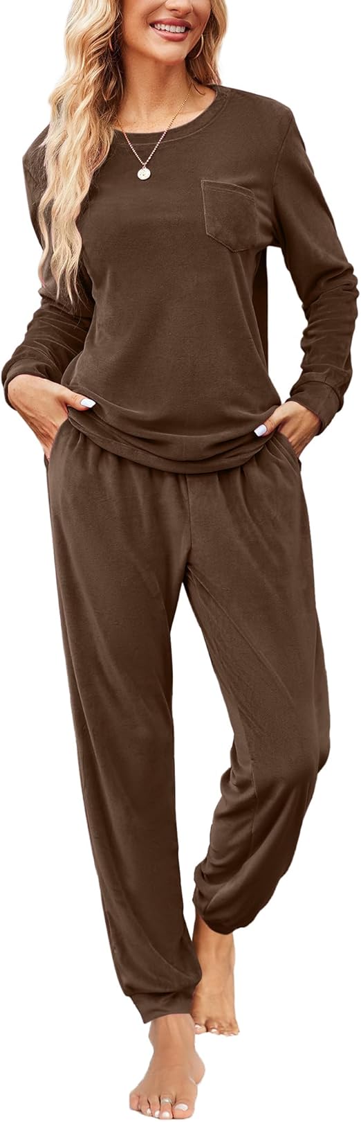 Ekouaer Womens Pajamas Sets Long Sleeve Soft Sleepwear 2 Piece Velvet Pjs Lounge Sets with Pockets