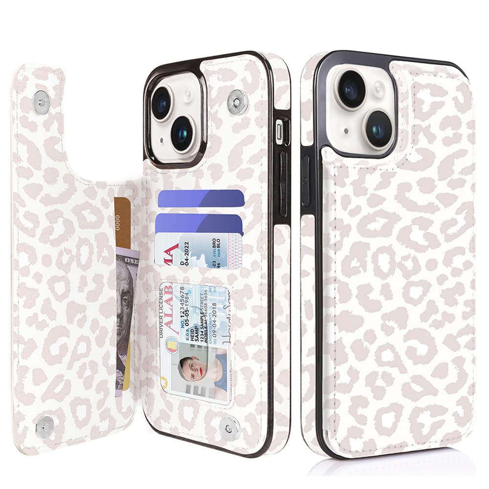uCOLOR Compatible with iPhone 14/15 Plus 6.7" Wallet Case with Card Holder Slots Folio Flip PU Leather Kickstand Magnetic Clasp and RFID Blocking Cover (Beige Leopard)