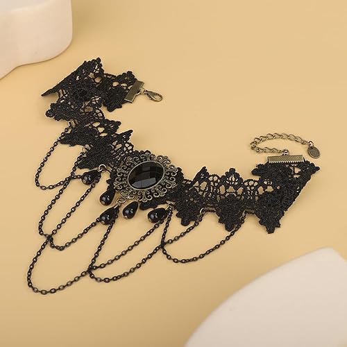 Miniatura 5 de Gargantilla de encaje negro punk vintage con cuentas de lágrima negra, gargantilla gótica hueca de encaje con borlas, collar de graduación para