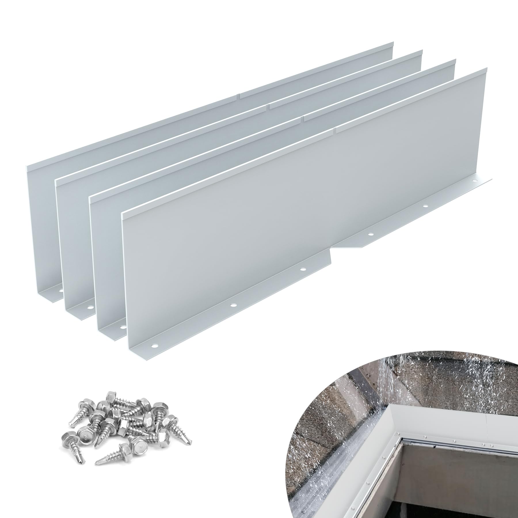 Flamorrow4 Pack Aluminum Gutter Valley Splash Guards, Foldable Rainwater Roofing Gutter Guard with Screws, Bendable Roof Rain Diverter for House Flat Shingle Roofs, Valley, Corner, Silver