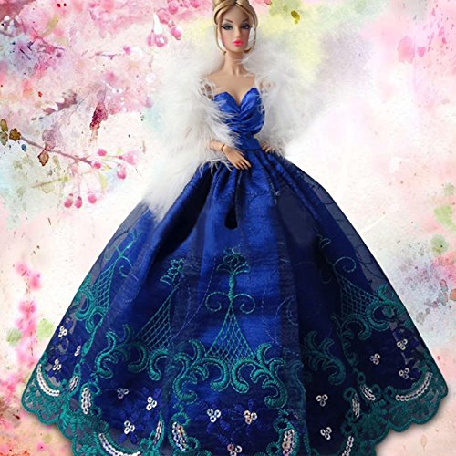 Icollect 1 Pcs Embroidery Wedding Party Gown Dresses & Clothes For Barbie Doll- Blue #TOP4