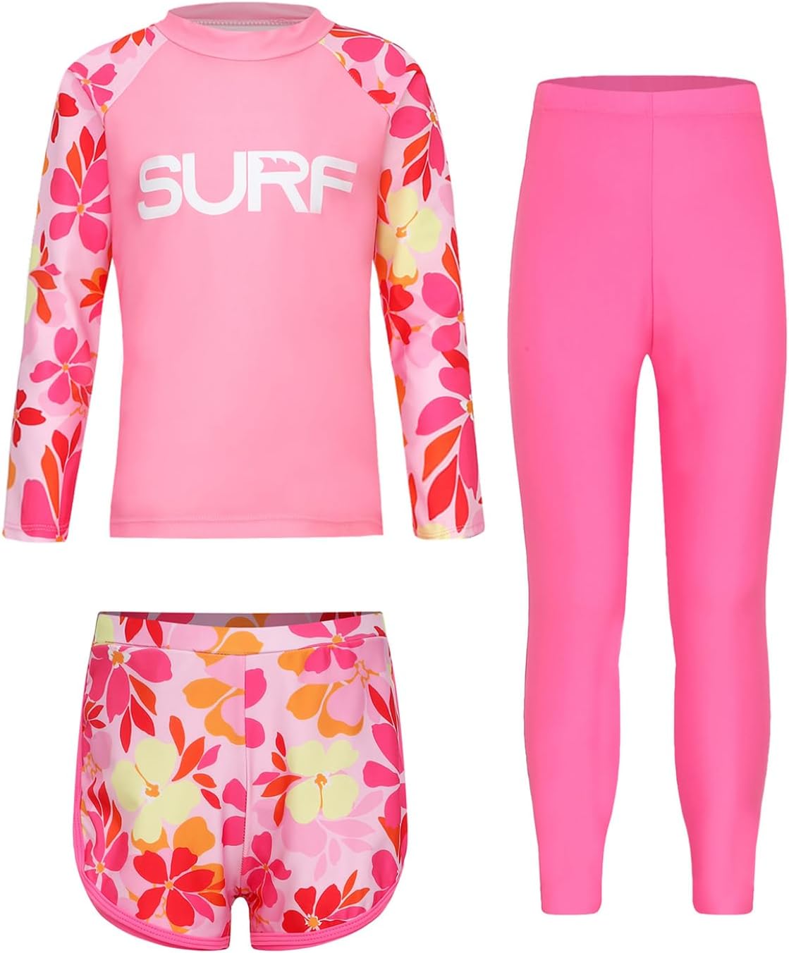 Kids Girls Boys 3pcs Rash Guard Swimsuit Bathing Suit Top with Shorts Pants Set Summer Holiday Swimwear