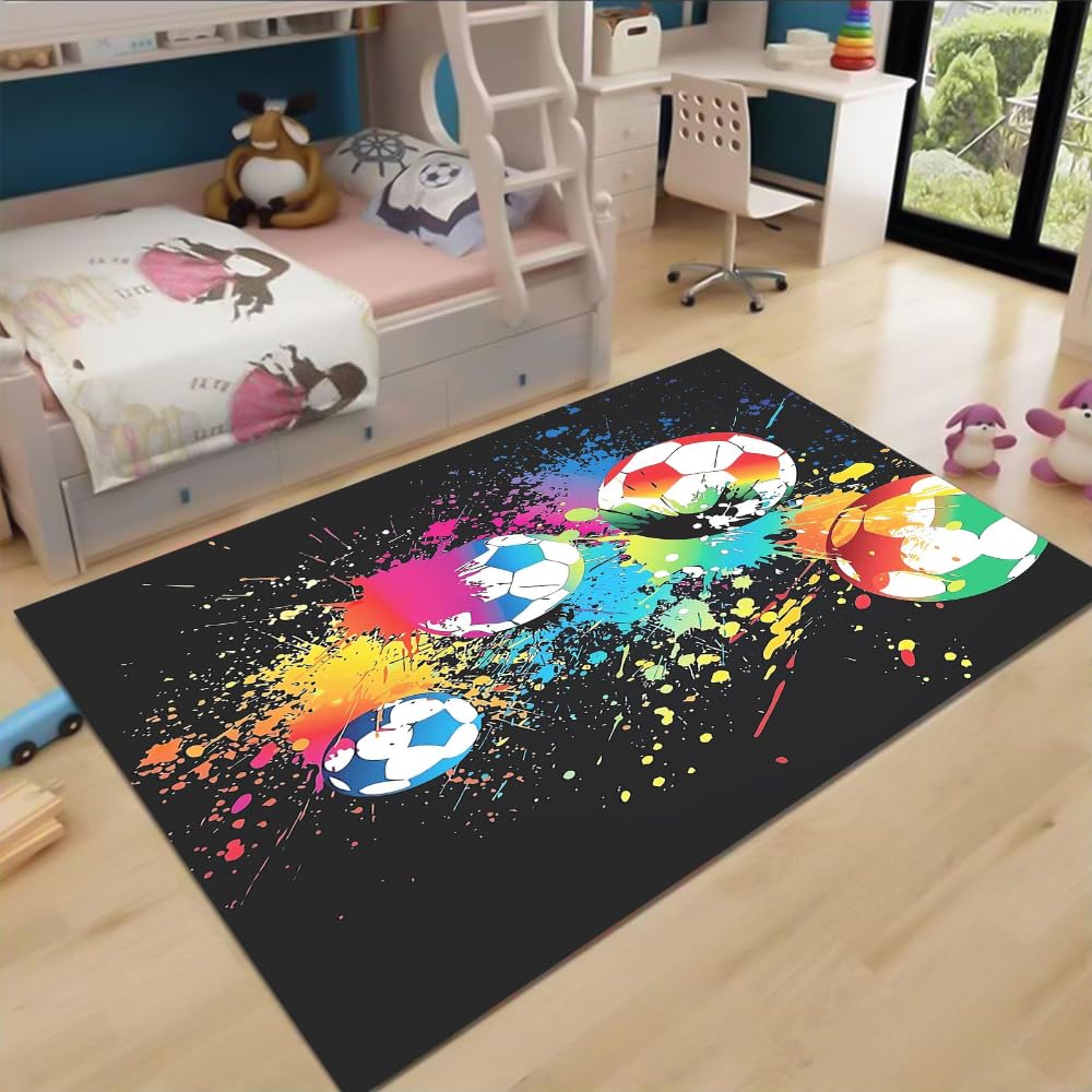 Fußball Mit Farbspritzern Teppich，Cartoon-Muster Teppich 80x160cm，Wohnzimmer Schlafzimmer Kinderteppich Kinderzimmer Mädchen Junge