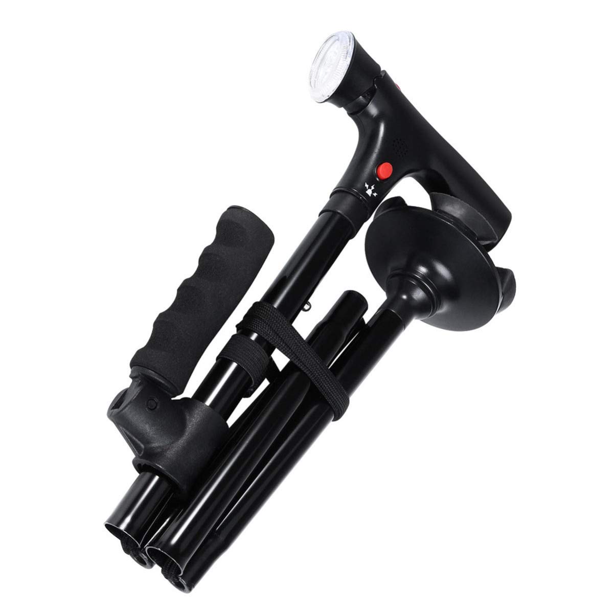 HEMOTON Bastón Plegable Telescópico con Luz Led Ajustable Y Alarma Base Antideslizante De 4 Pies Giratoria 360° Apoyabrazos para Mayor Seguridad En Movilidad