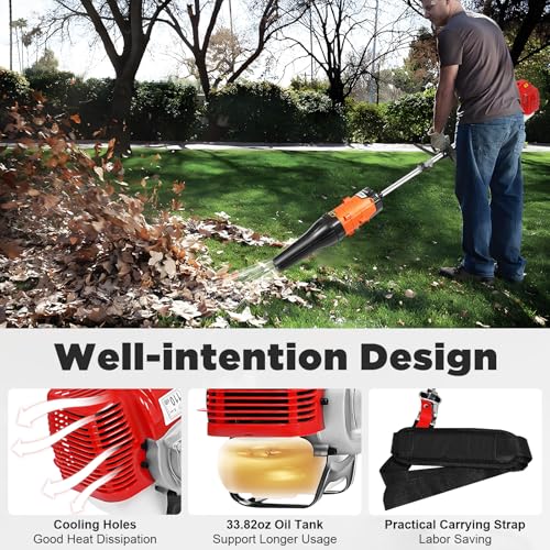 Gas handheld sweeper blowing leaves