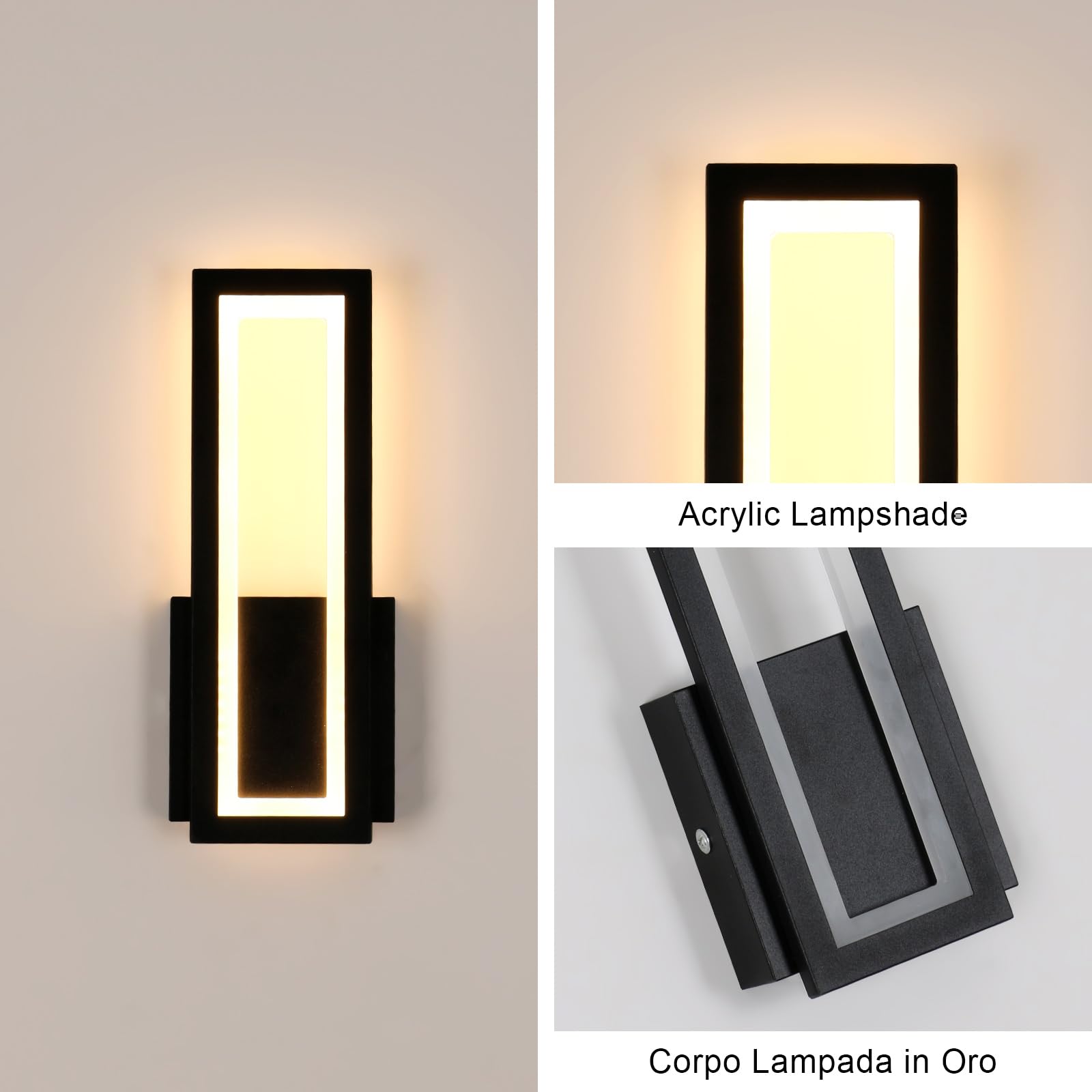 Osairous Applique LED da Parete Interno, 2 Pezzi 16W 1800LM Lampada da Parete Moderno in Acrilico, Lampada a Muro Nera Camera da Letto Luce Calda 3000K per Soggiorno Corridoio Studio Balcone, 32CM