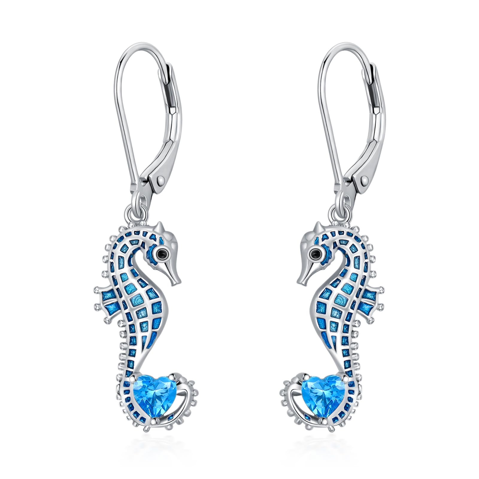 LONAGO Seepferdchen Ohrringe 925 Sterling Silber Blaues Seepferdchen mit Geburtsstein Anhänger Ohrringe für Damen
