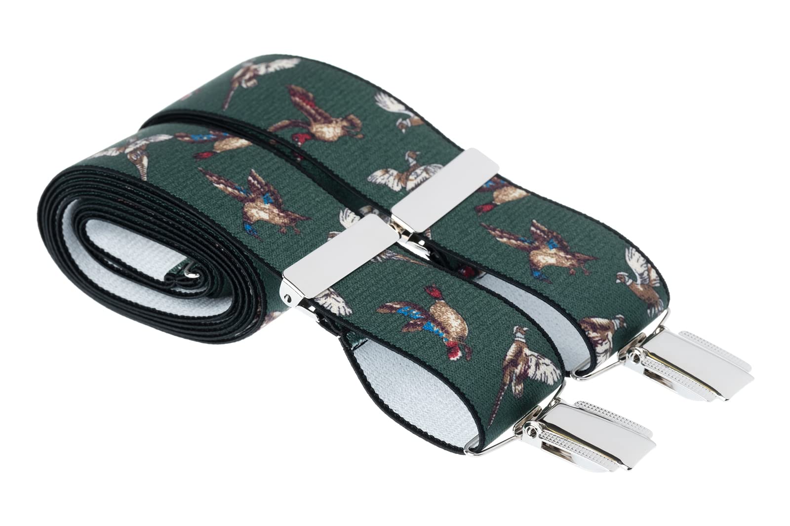 Gs Braces Men's Green Flying Pheasants Xl Green Trouser Braces With Flying Ducks Country Pheasants 35Mm 4 Silver Clips 48 Inch