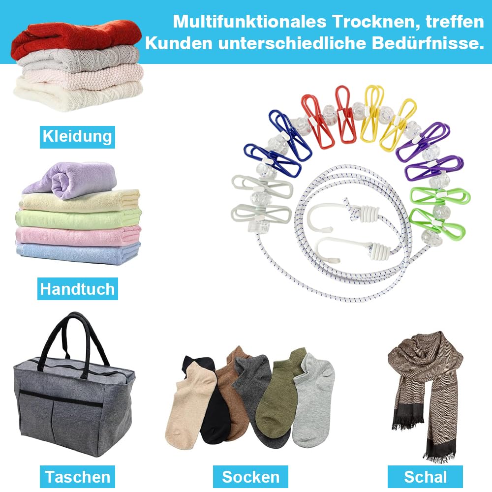 Filo Da Bucato Elastico Da Campeggio 1,7 Metri Con 12 Mollette: Accessorio Portatile E Leggero Per Viaggi, Bagno E Lavanderia