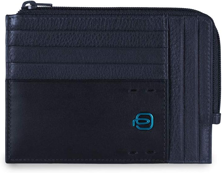 Piquadro Leather Zipper Coin Pouch with Document Holder and Credit Card Slots, Black/Black, One Size