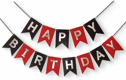 Miniatura 1 de Cartel de feliz cumpleaños de color rojo, plateado y negro, decoración para niños, niñas, hombres y mujeres, aniversario, fiesta de cumpleaños,