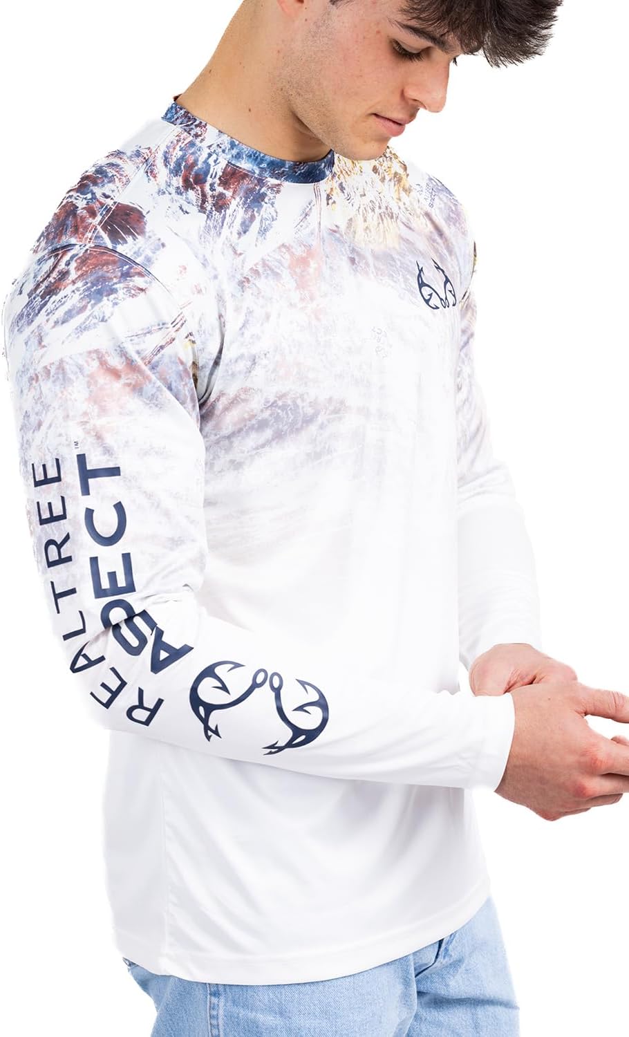 Close-up of the Realtree Aspect logo on the shirt's sleeve, showing rubberized print detail
