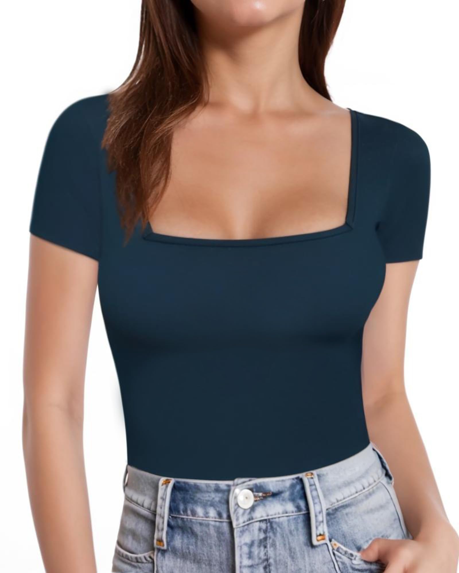 MANGOPOPWomens Short Sleeve/Long Sleeve Square Neck T Shirts Tops Tees (A04 Navy Blue, Small)
