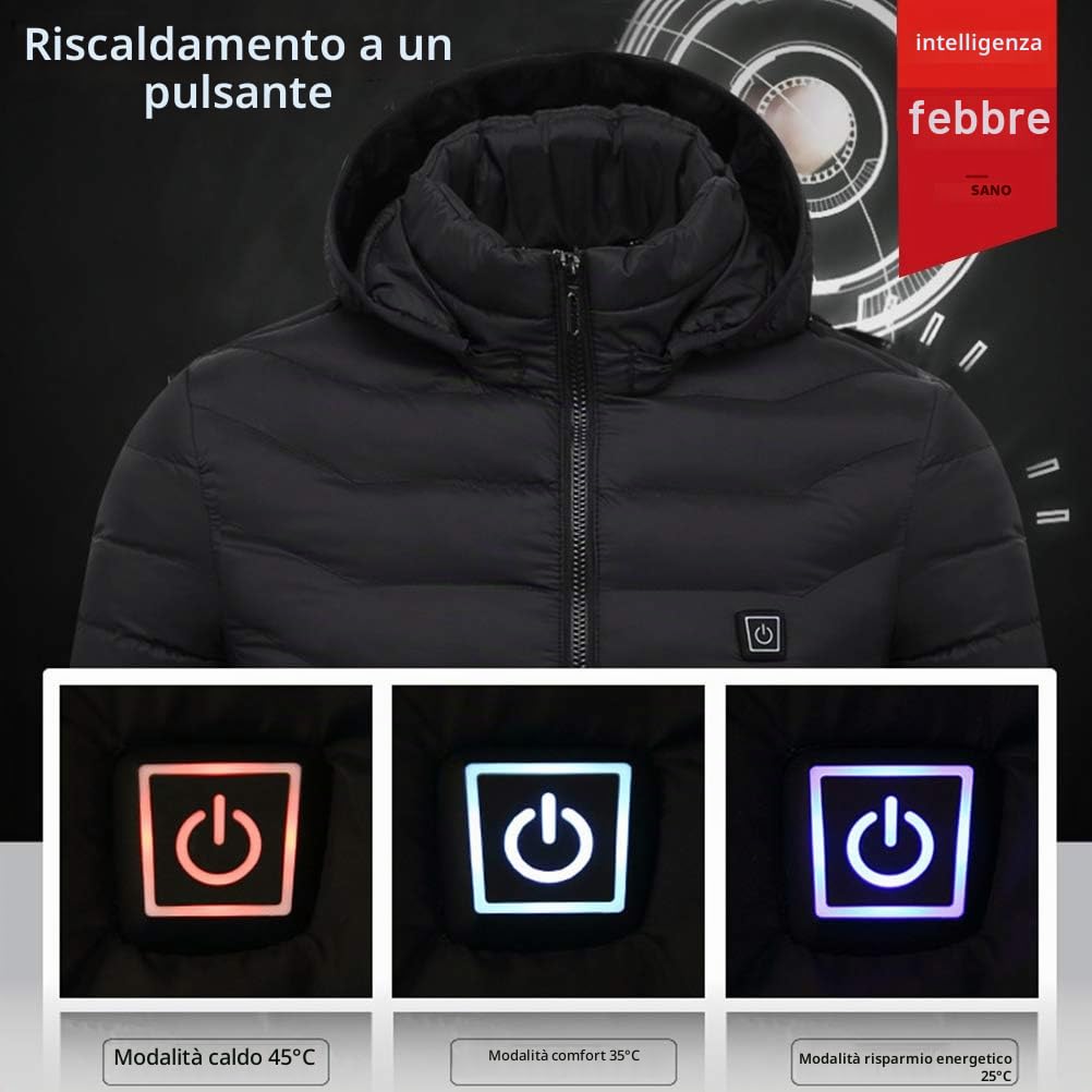 Giacca riscaldata per Uomo e Donna, Giacca con Cappuccio elettrica USB, 3 Livelli di Temperatura Scaldamuscoli riscaldato per Caccia all'aperto in Campeggio