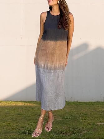 DMOYALA Womens Linen Midi Dresses Sleeveless Summer Dress Trendy Loose Beach Dress Long Dress Casual Cotton Dress S-5XL