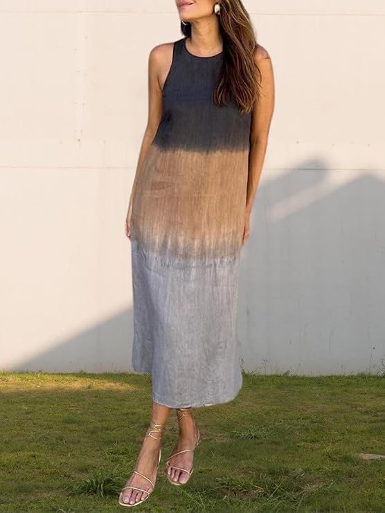 DMOYALA Womens Linen Midi Dresses Sleeveless Summer Dress Trendy Loose Beach Dress Long Dress Casual Cotton Dress S-5XL
