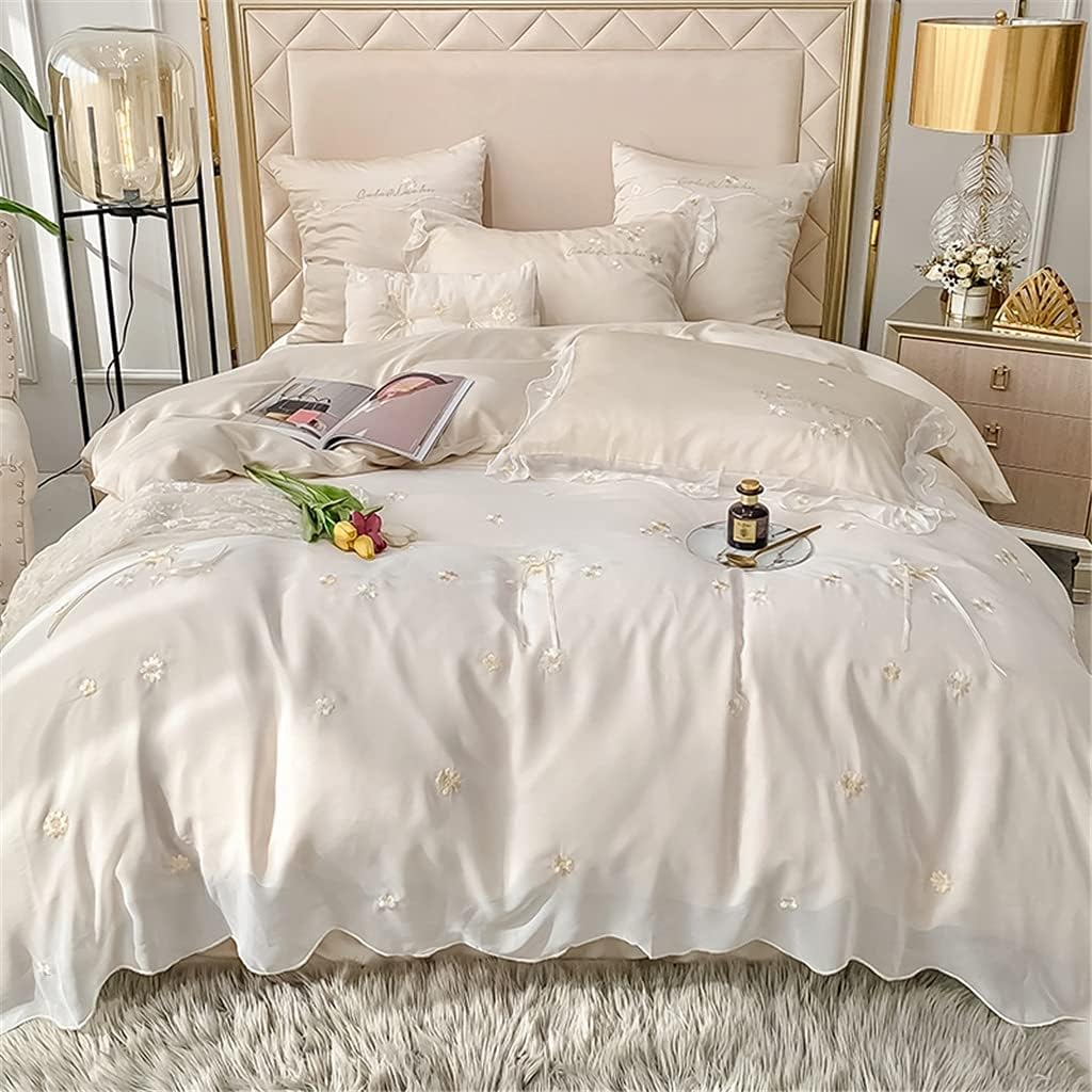 Summer Princess Style Double-Sided Tencel Four-Piece Floral Embroidery Lace Nude Sleeping Duvet Cover Bedding (Color : Champagne Size : 2m) (White 1.8m) (Champagne 1.5m)