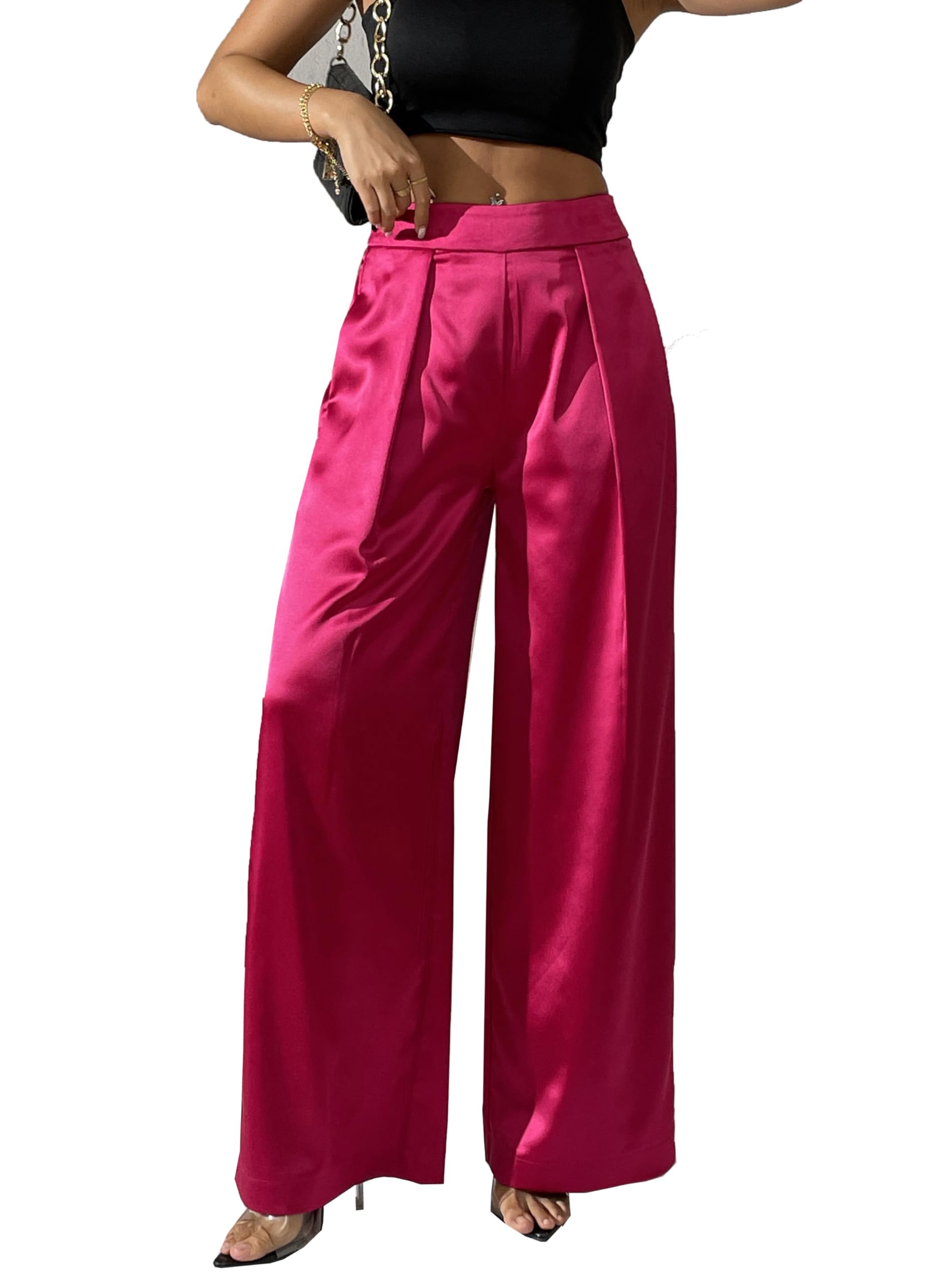 Women's Satin Wide Leg Palazzo Pants Plicated Silky Pull on Party Dress Casual Pant Trouser