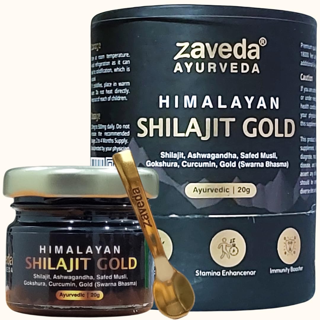 ZAVEDA Shilajit Gold 20g | Helps in boosting Stamina | Contains 24 Carat Gold (Swarna Bhasma) and other herbs | 100% Ayurvedic | 20g. Resin