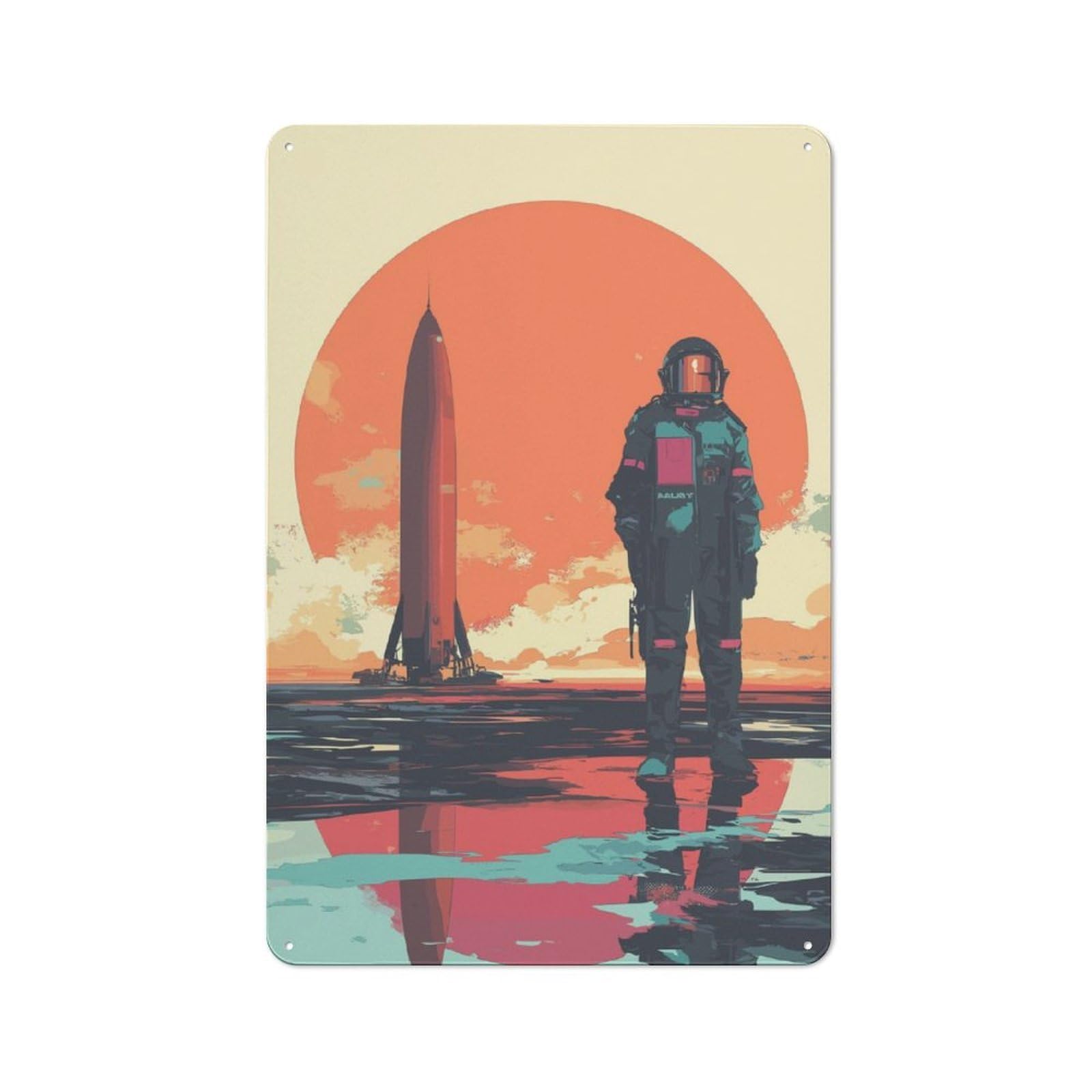 Junmoney Rocket And Astronaut Tin Wall Plaque 30X20cm With For Dining Room Or Kitchen, For Vintage Wall Decor Fans, For Themed Room Decoration