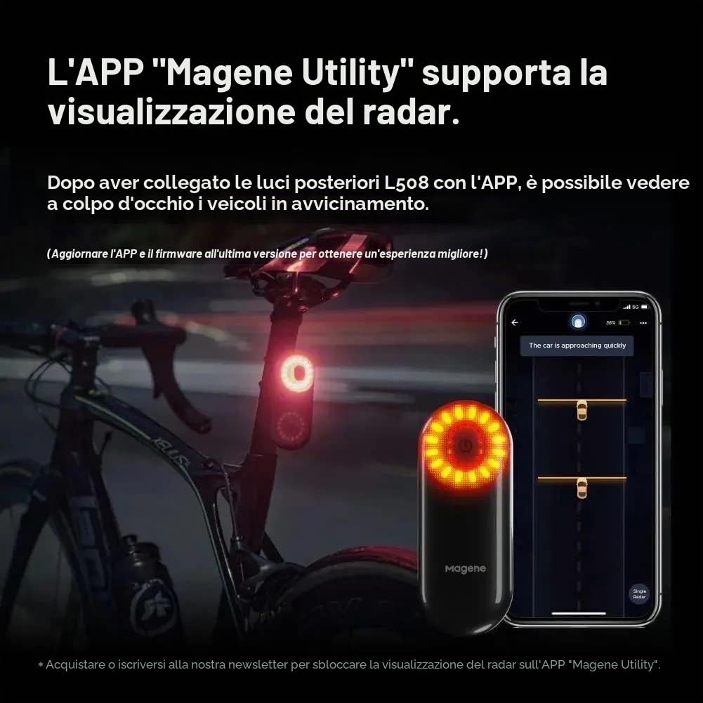 Magene L508 Fanale posteriore radar per bici, 5 modalità di illuminazione, fanale posteriore per bici ricaricabile TYPE-C, per ciclismo MTB, bicicletta, lunga durata della batteria