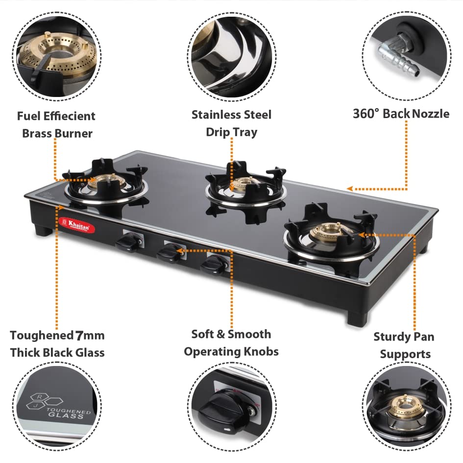 Khaitan 3 Burner Royal MS Black Toughened Glass LPG Gas Cooktop, Manual