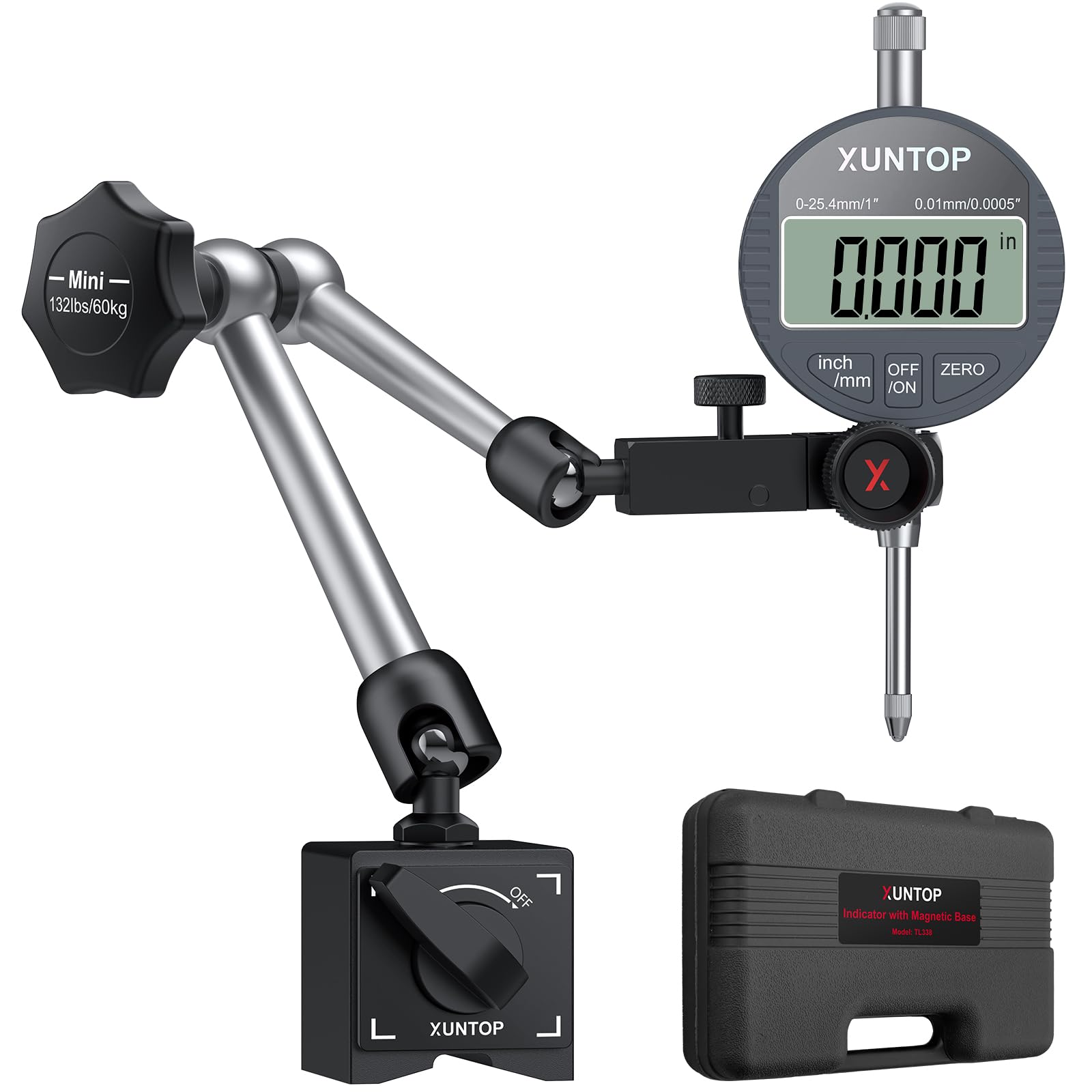XUNTOP Comparatore Centesimale 0-25,4 mm con Base Magnetica 132lbs/60kg, Digital Dial Indicator 1inch/0.0005inch con Display LCD di Conversione Pollici/metri per Tornio, Stampante 3D, CNC, Industriale