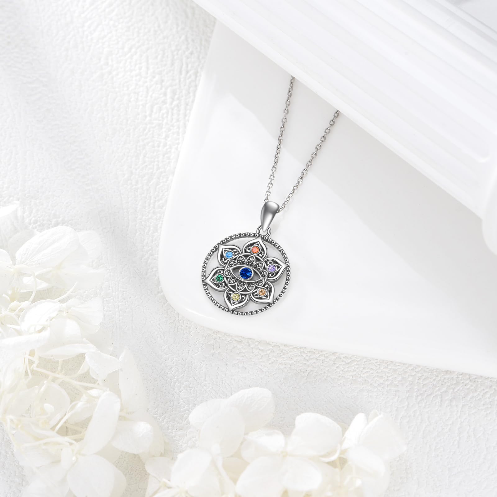POPLYKE Lotus-Halsketten Damen 925 Sterlingsilber Chakra-Halskette mit bösem Blick Lotusblumen-Schmuck Geschenke für Sie